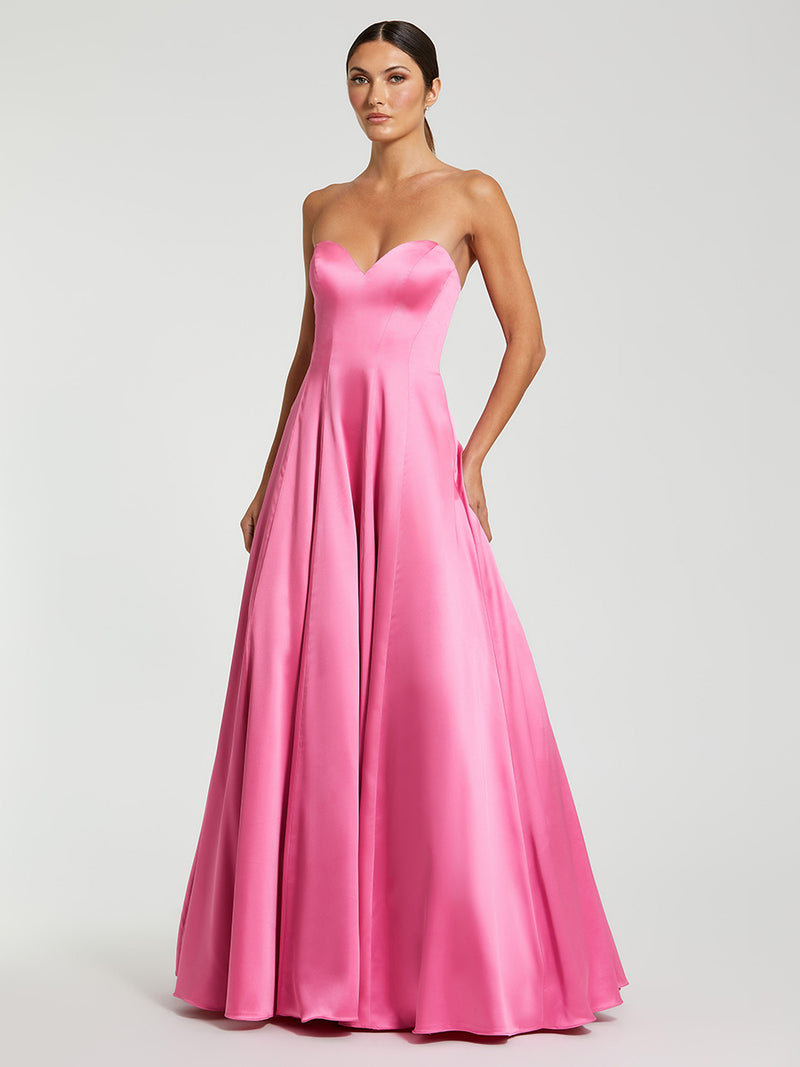 Pink Strapless Satin Ballgown With Bow Details