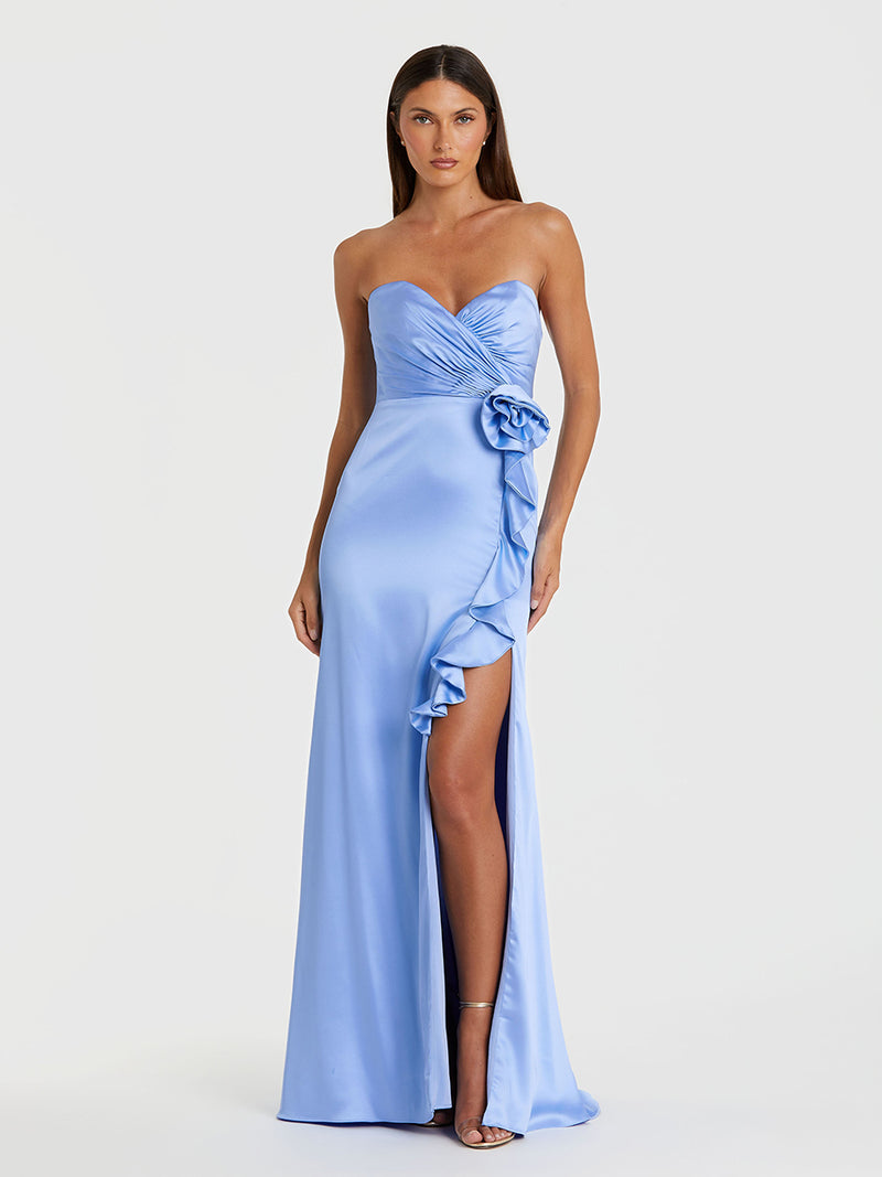 Blue Strapless Satin Column Gown With 3D Flower
