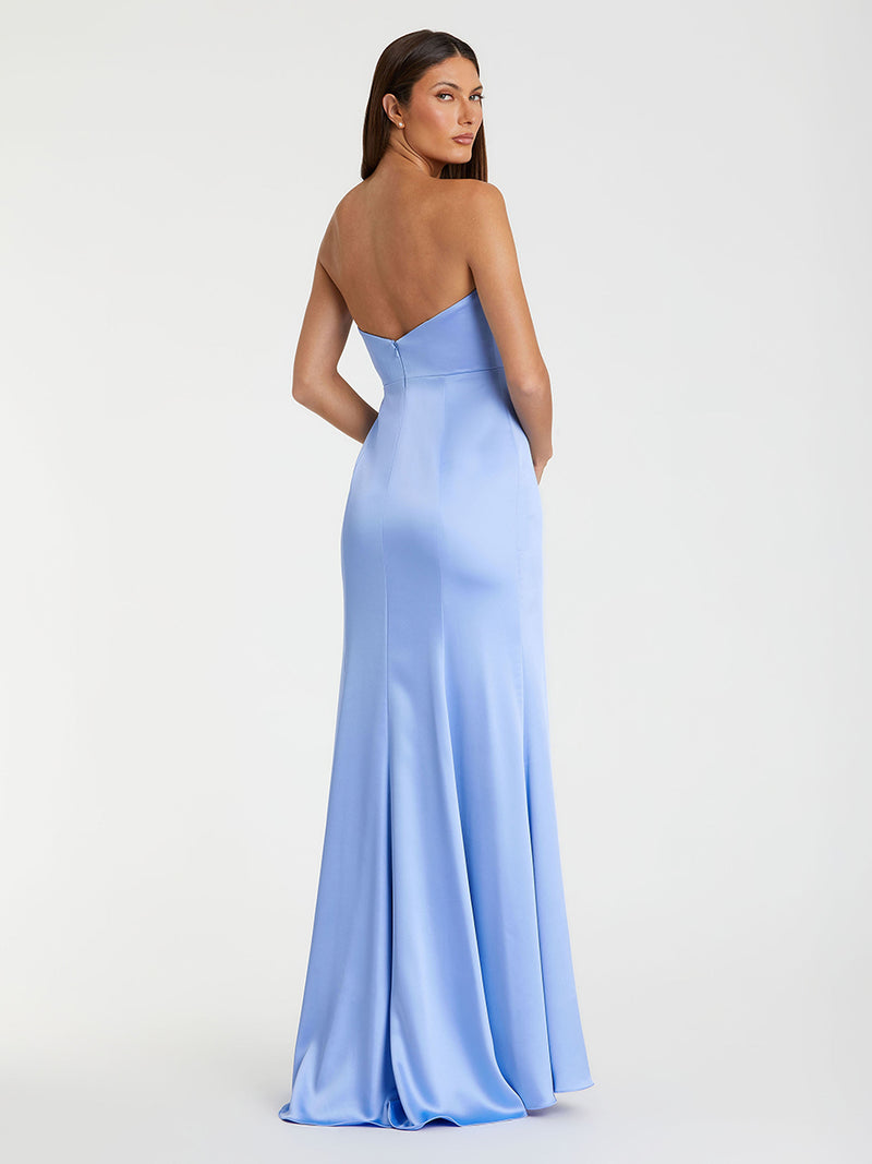 Blue Strapless Satin Column Gown With 3D Flower