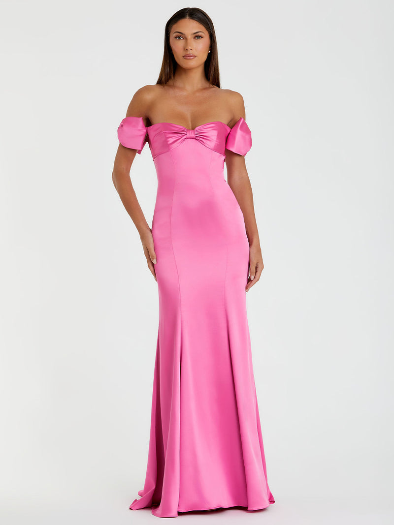 Pink Off-the-Shoulder Satin Trumpet Gown with Bows