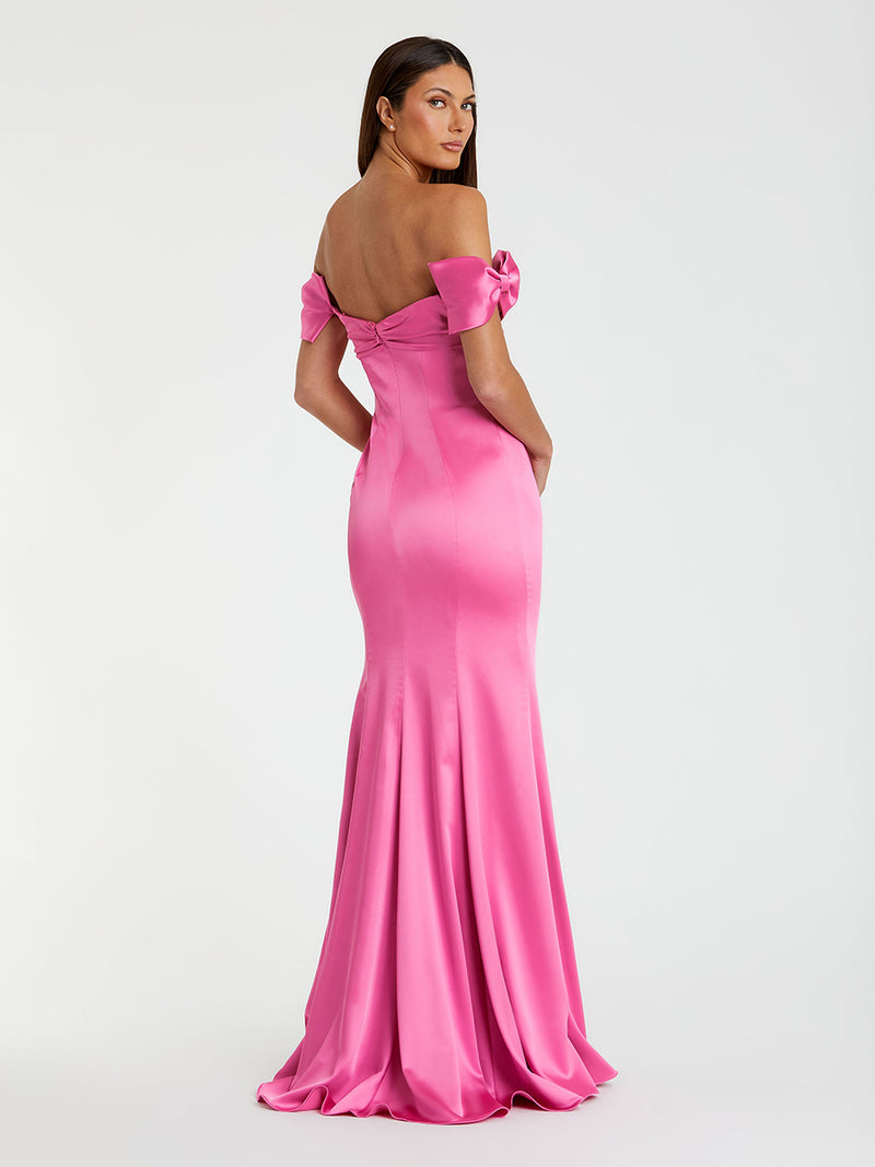 Pink Off-the-Shoulder Satin Trumpet Gown with Bows