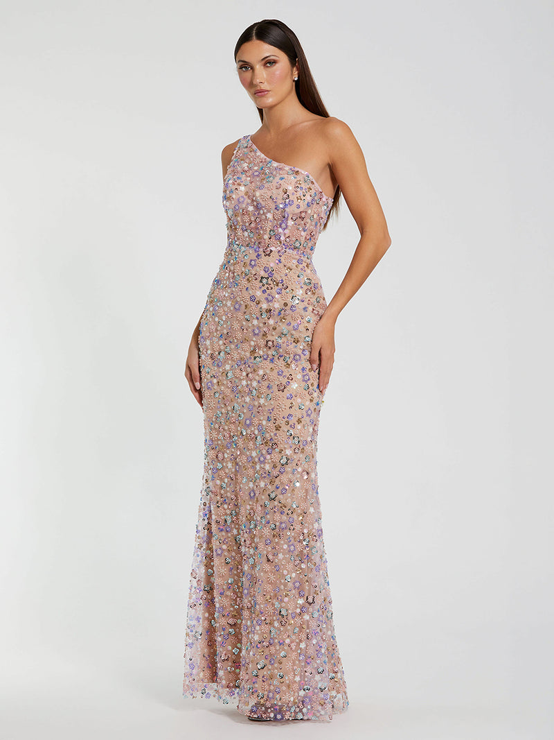 Pink Floral Embellished One Shoulder Column Gown