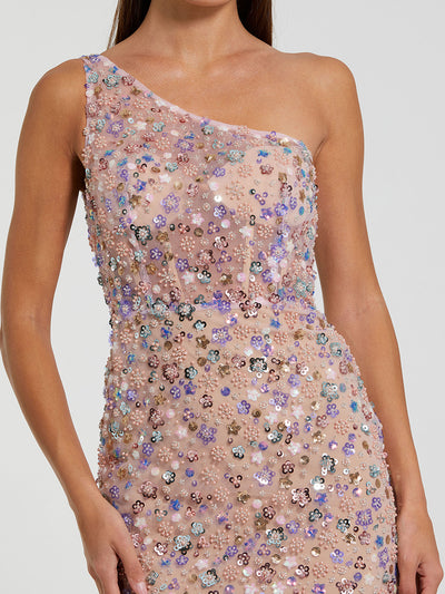 Pink Floral Embellished One Shoulder Column Gown
