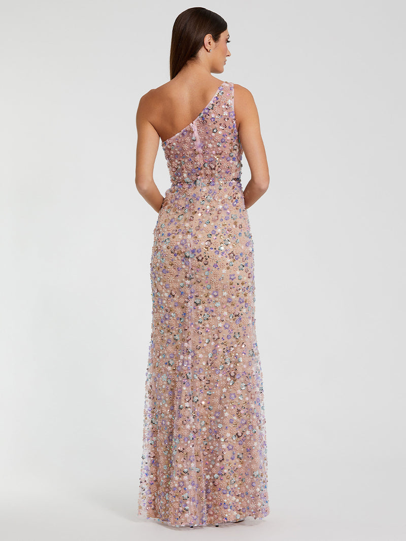 Pink Floral Embellished One Shoulder Column Gown