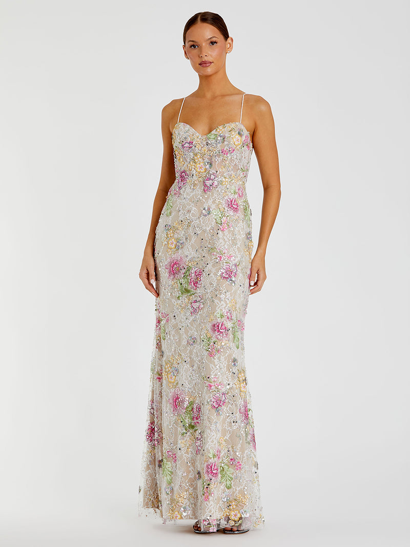 Multicolor Embellished Bustier Floral Trumpet Gown