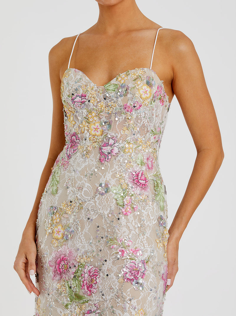 Multicolor Embellished Bustier Floral Trumpet Gown