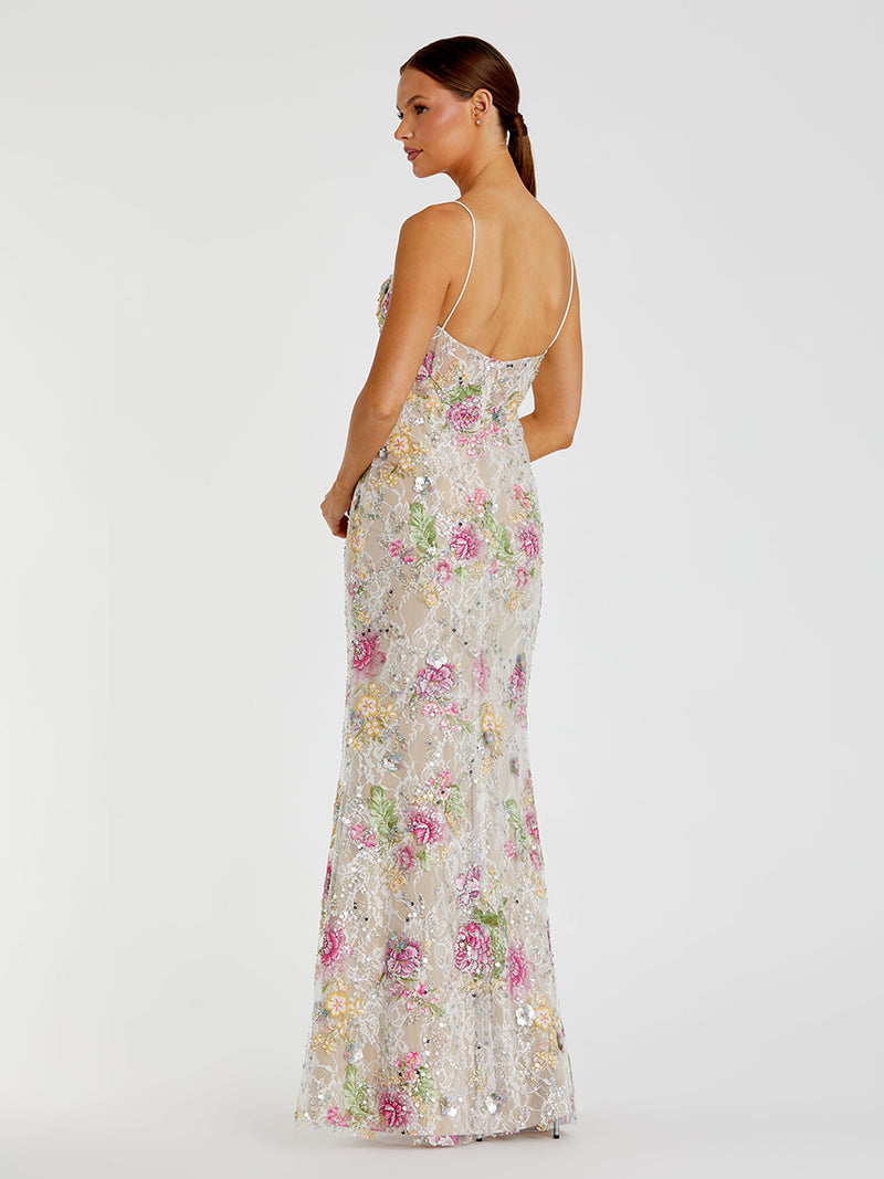 Multicolor Embellished Bustier Floral Trumpet Gown