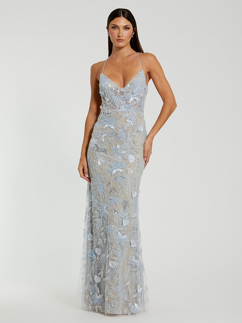 Blue Embroidered Sleeveless Open Back Column Gown