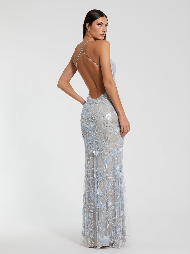 Blue Embroidered Sleeveless Open Back Column Gown