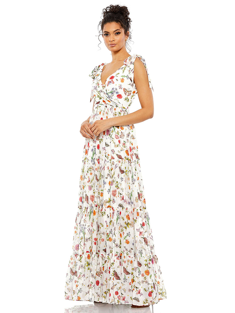 White Floral Print Sleeveless Soft Tie Shoulder Gown
