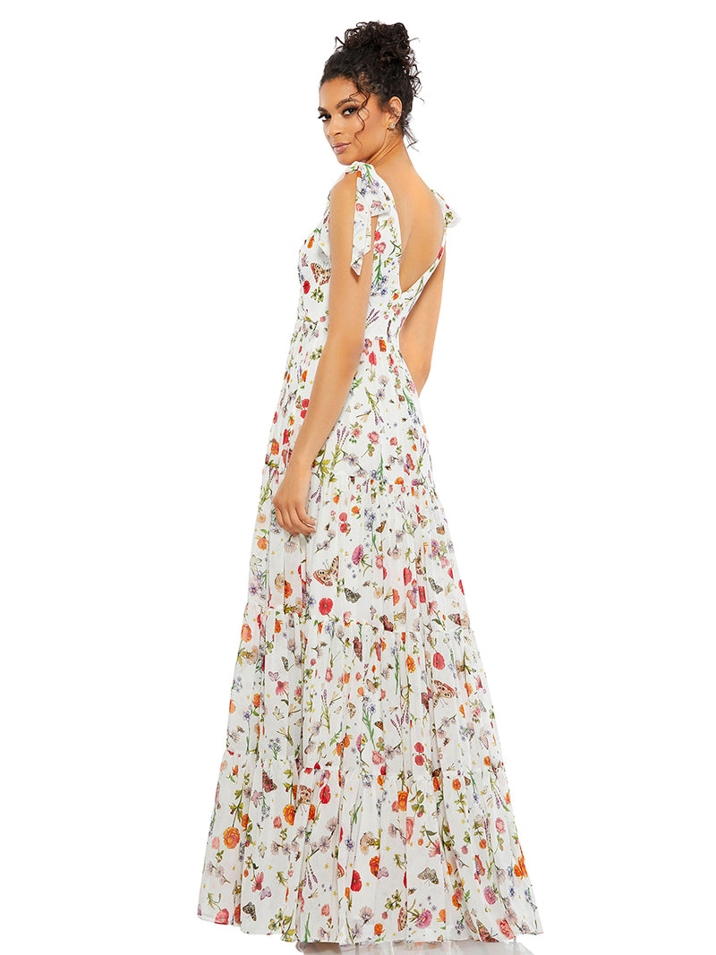White Floral Print Sleeveless Soft Tie Shoulder Gown