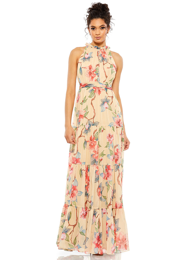 Beige Floral Button High Neck Maxi Dress