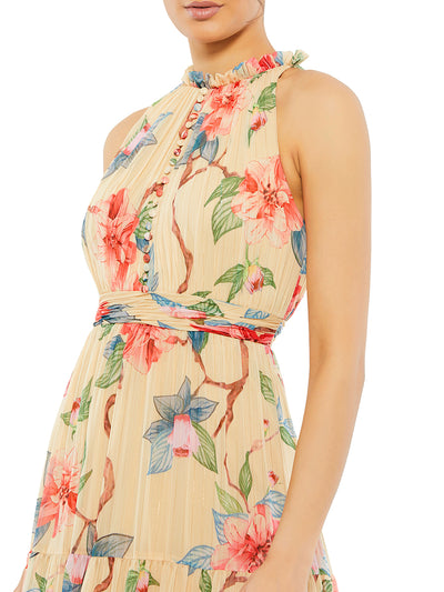 Beige Floral Button High Neck Maxi Dress