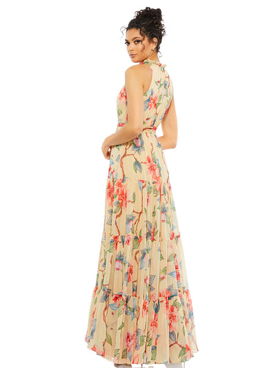 Beige Floral Button High Neck Maxi Dress
