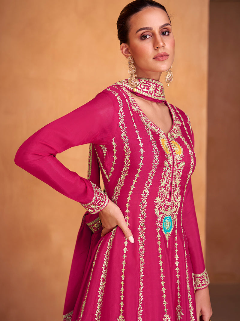 Dark Hot Pink Designer Chinon Salwar Suit