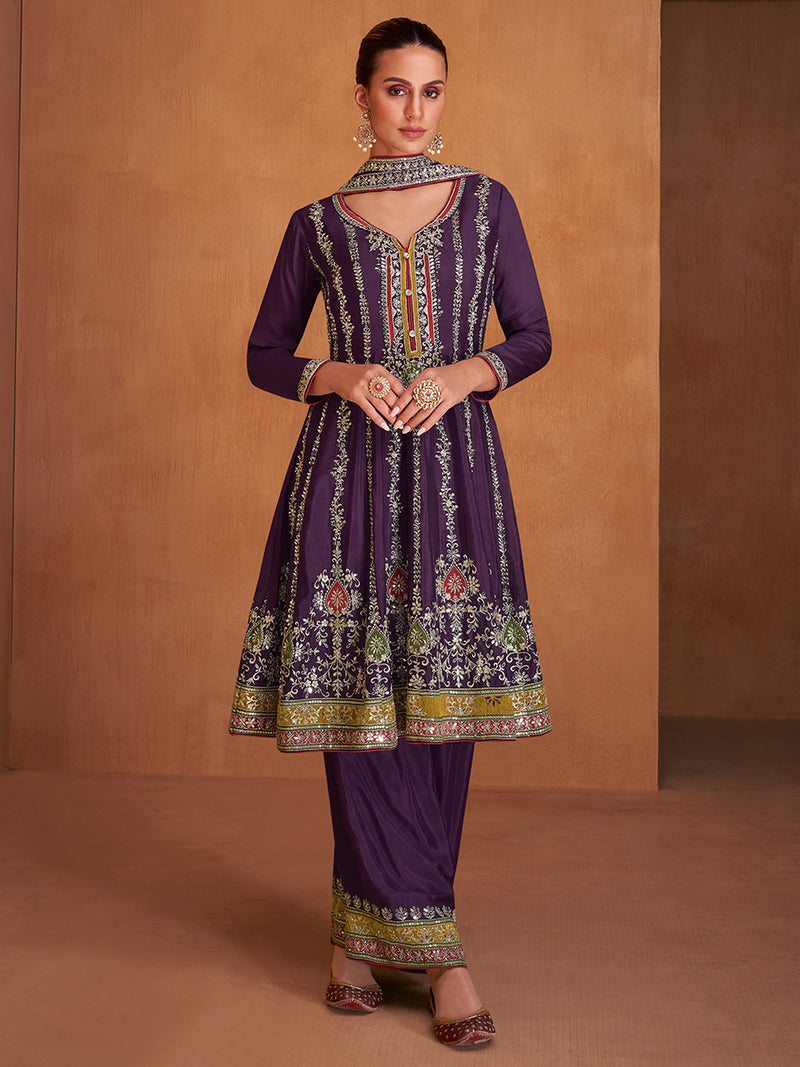 Dark Purple Designer Chinon Salwar Suit