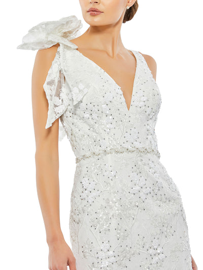 Floral Embellished V-neck Midi Dress With Shoulder Bow