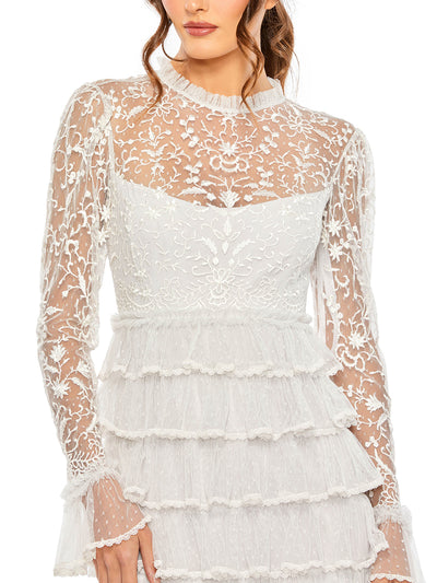 Embroidered Long Sleeve Ruffled Tiered Dress