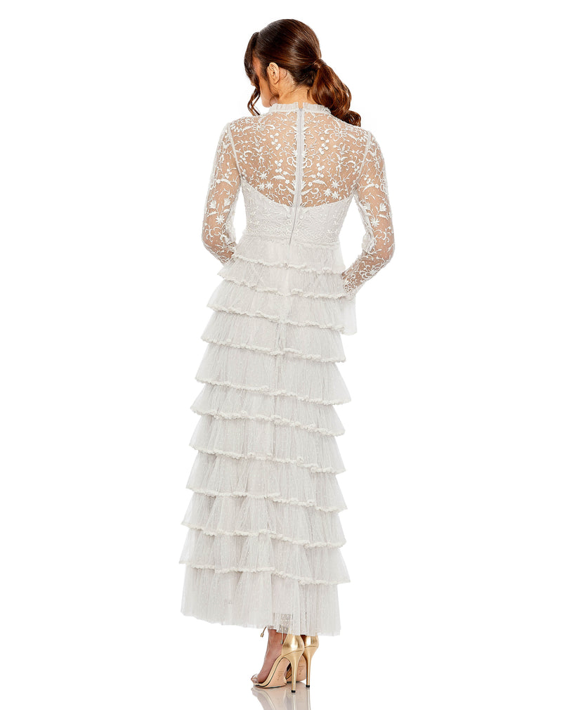 Embroidered Long Sleeve Ruffled Tiered Dress