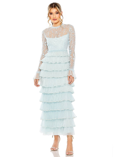 Embroidered Long Sleeve Ruffled Tiered Dress