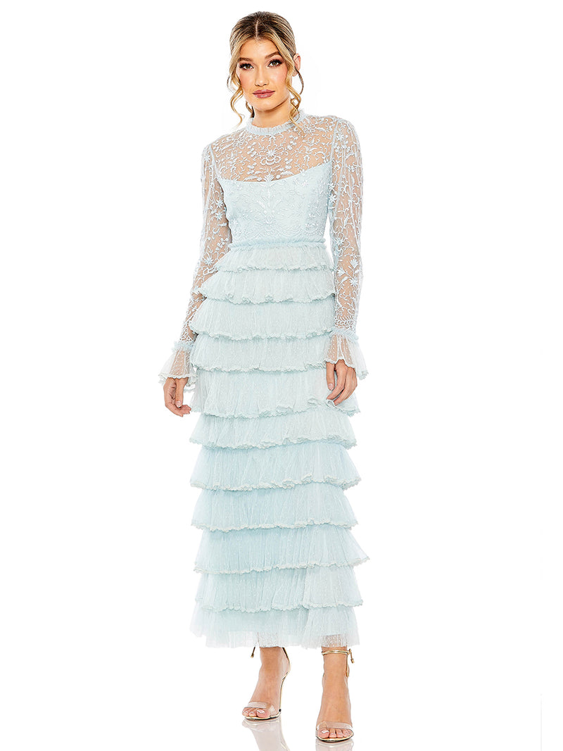 Embroidered Long Sleeve Ruffled Tiered Dress