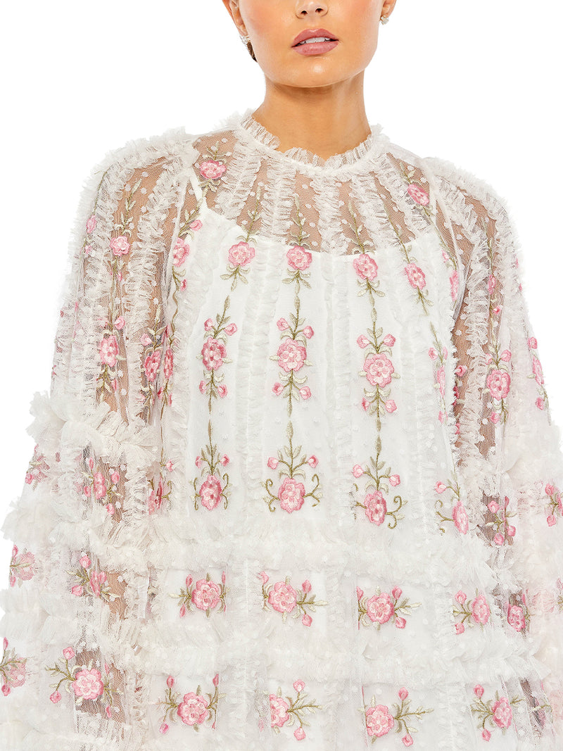 Embroidered Long Flare Sleeve Mesh A-line Dress
