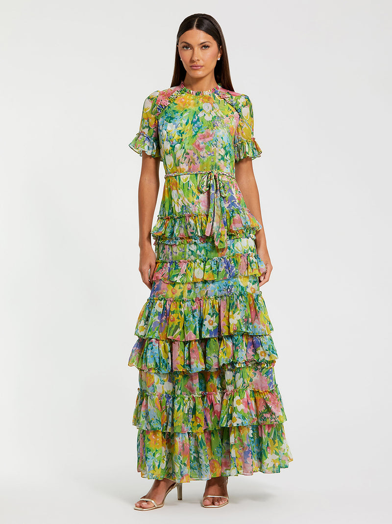 Green Ruffle Tiered Chiffon Floral Dress