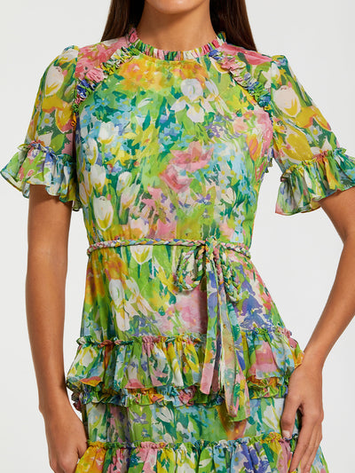 Green Ruffle Tiered Chiffon Floral Dress