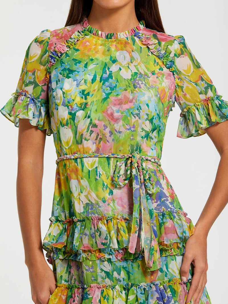 Green Ruffle Tiered Chiffon Floral Dress