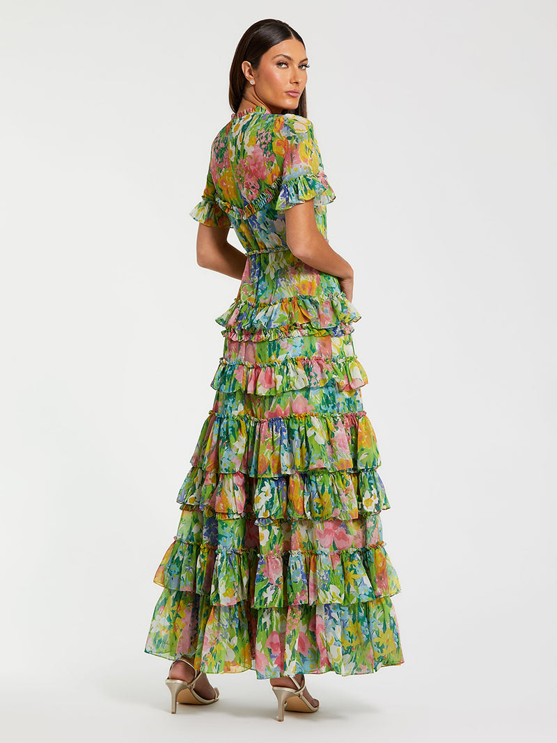 Green Ruffle Tiered Chiffon Floral Dress