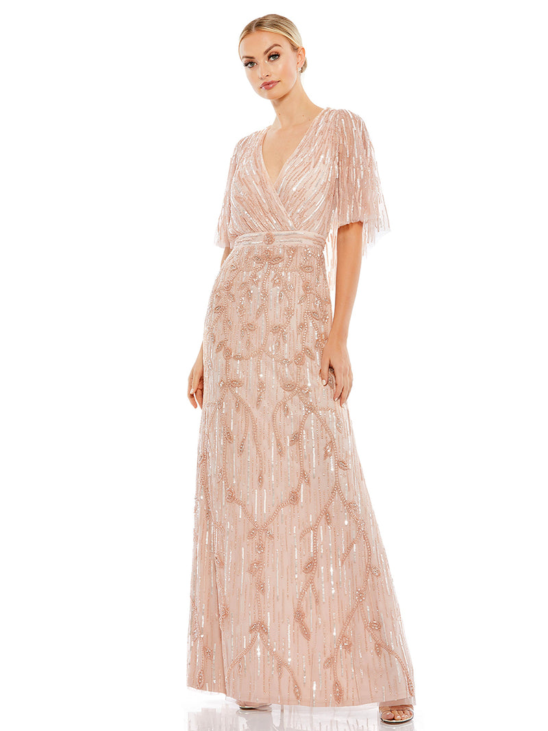 Embellished Cap Sleeve Faux Wrap Trumpet Gown