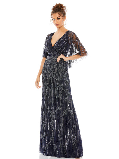 Embellished Cap Sleeve Faux Wrap Trumpet Gown