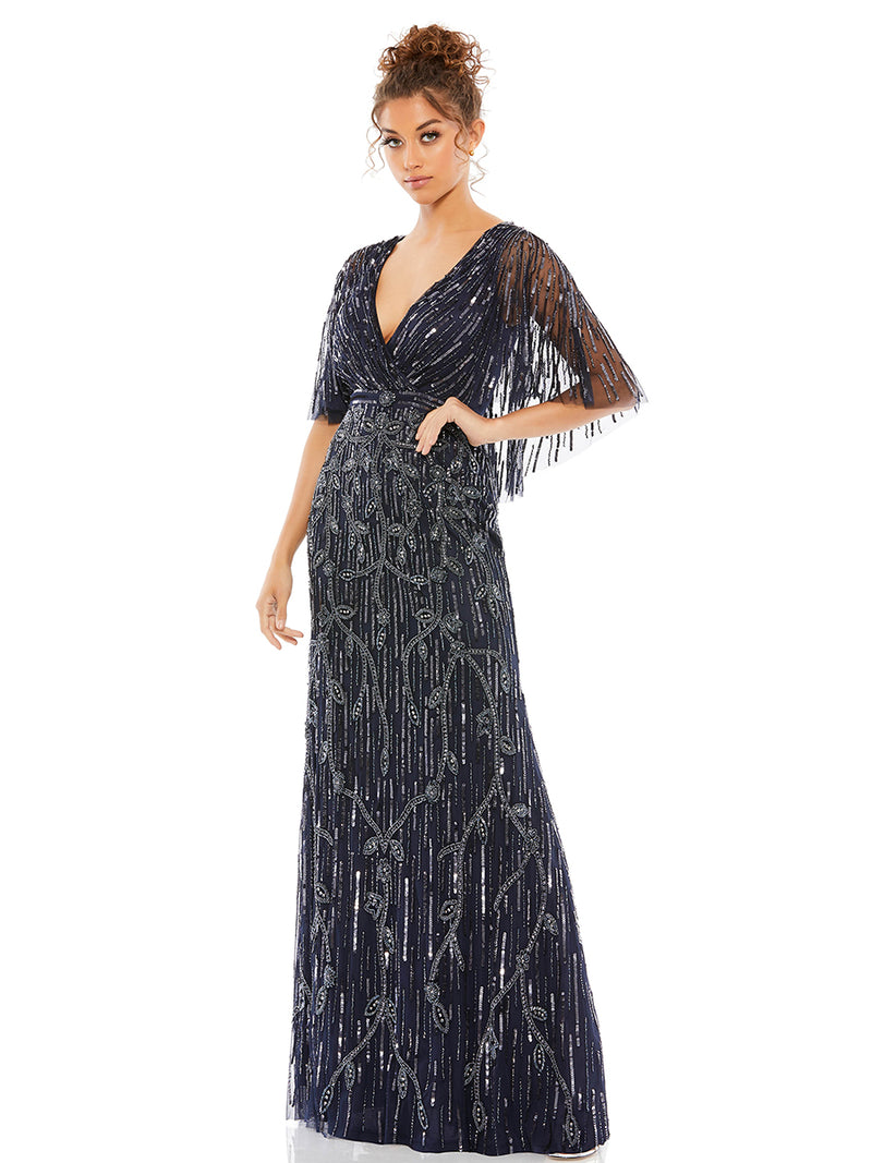 Embellished Cap Sleeve Faux Wrap Trumpet Gown