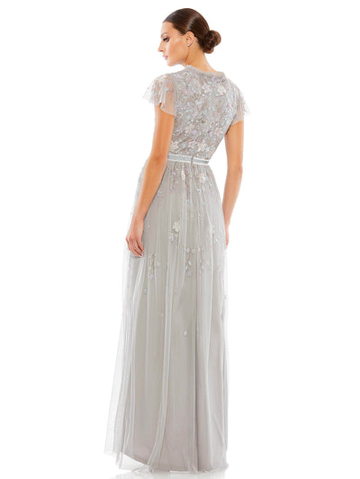 Embellished Asymmetrical Wrap Bodice Cap Sleeve Gown