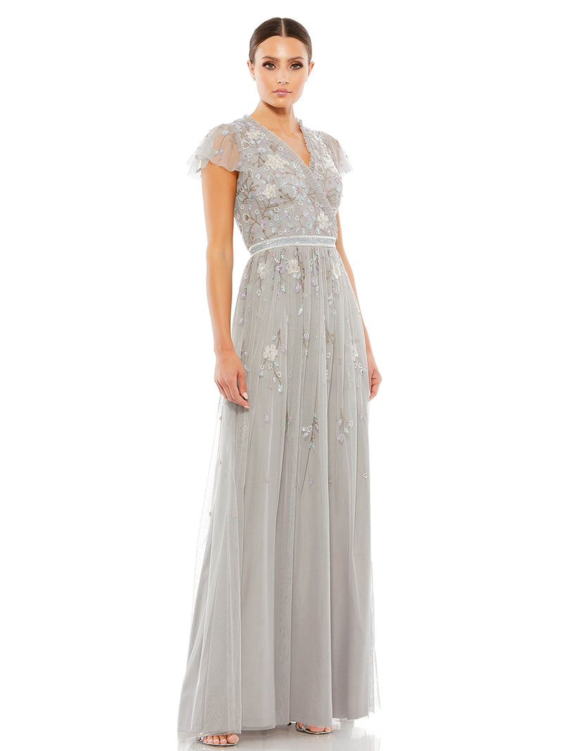 Embellished Asymmetrical Wrap Bodice Cap Sleeve Gown