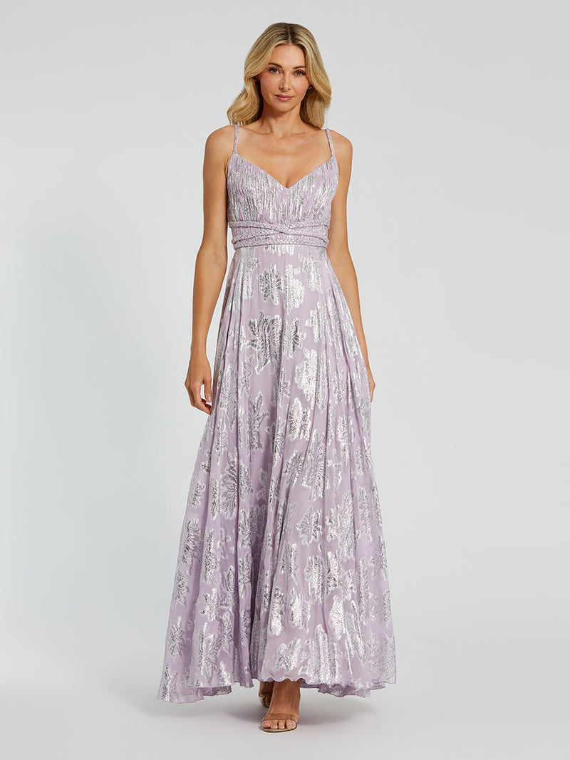 Purple Braided Strap A-Line Floral Gown