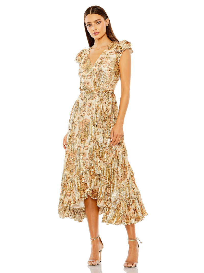 Beige Flutter Sleeve Floral Dress with Wrap Detail