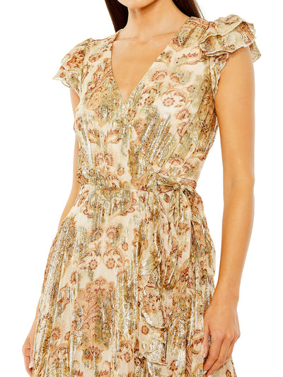 Beige Flutter Sleeve Floral Dress with Wrap Detail