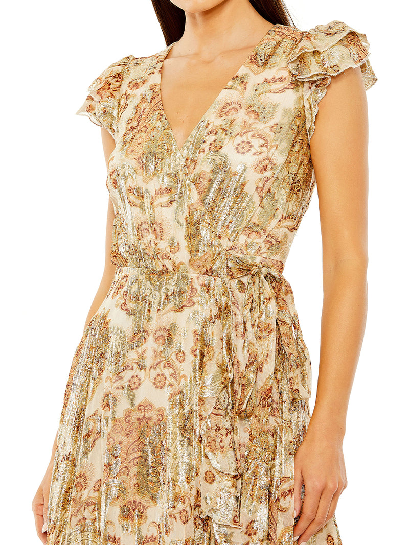 Beige Flutter Sleeve Floral Dress with Wrap Detail
