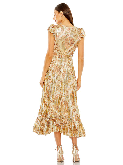 Beige Flutter Sleeve Floral Dress with Wrap Detail