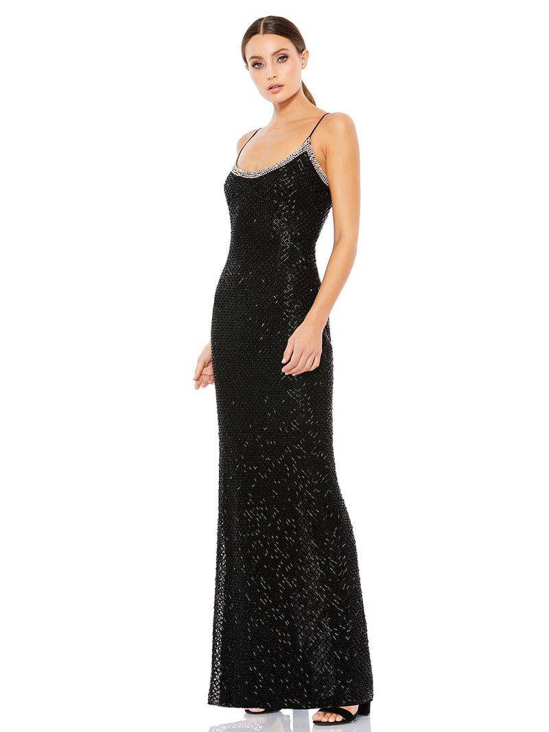 Black Beaded Spaghetti Strap Column Gown