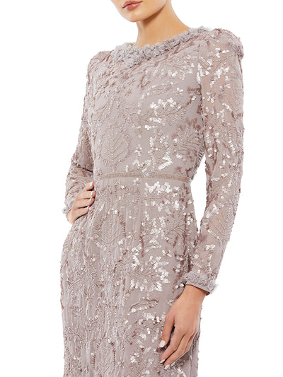 Embellished High Neck Puff Sleeve Fitted Dress