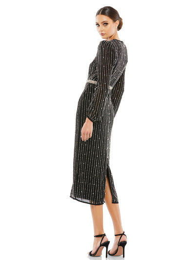 Long Sleeve Puff Sleeve Beaded Midi Dress