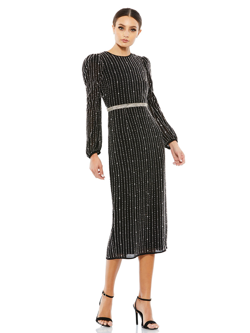 Long Sleeve Puff Sleeve Beaded Midi Dress