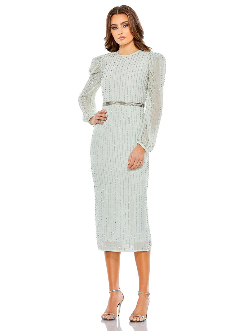 Long Sleeve Puff Sleeve Beaded Midi Dress