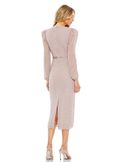 Long Sleeve Puff Sleeve Beaded Midi Dress