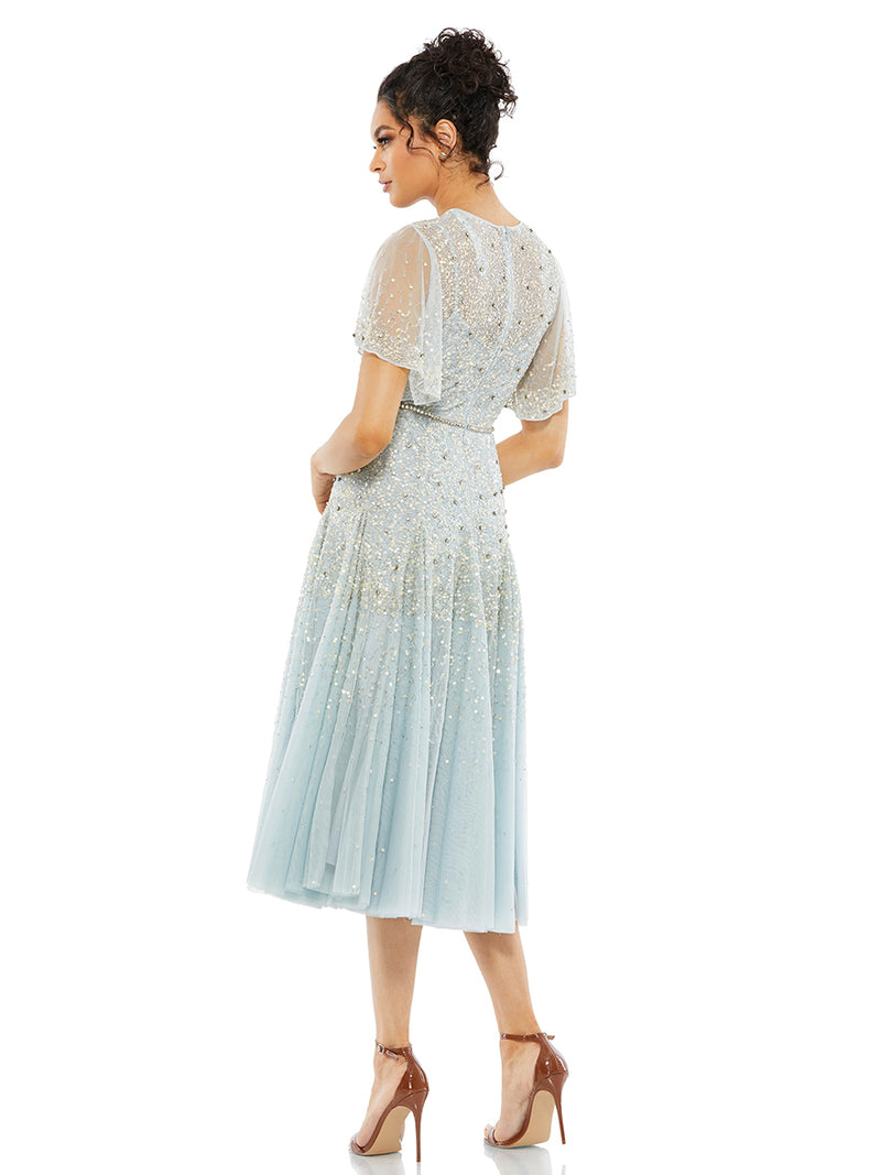 Cape Sleeve Beaded Tea Length A-line Dress