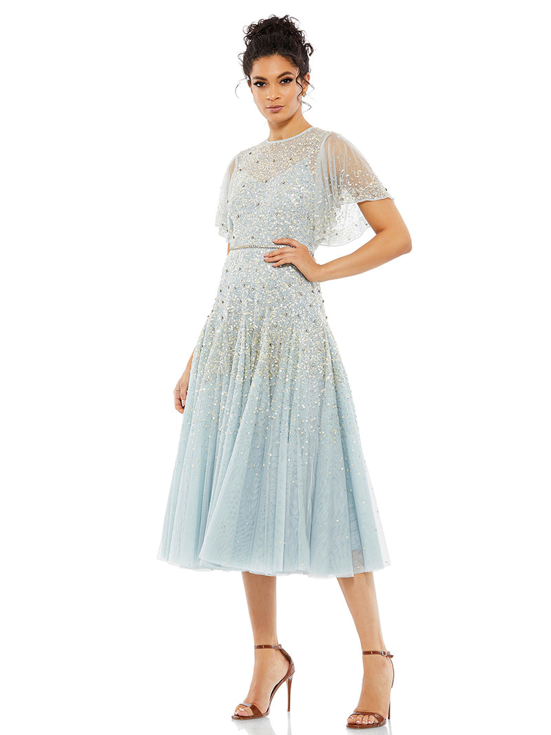Cape Sleeve Beaded Tea Length A-line Dress