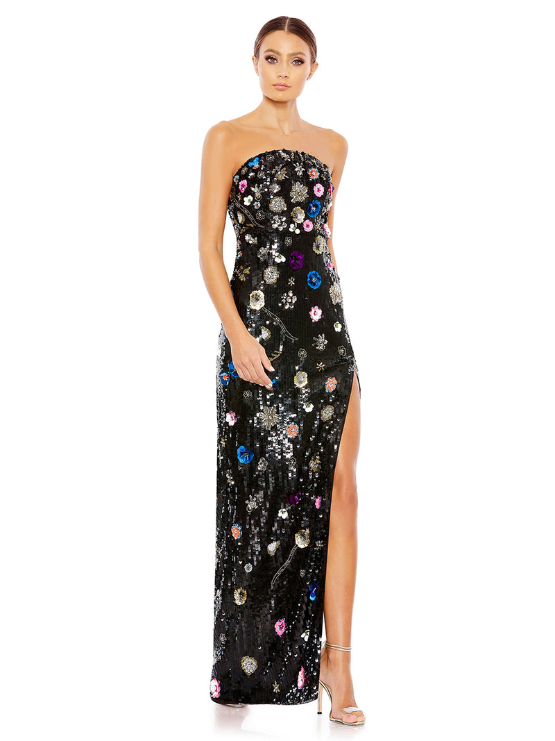 Black Floral Embellished Strapless Column Gown