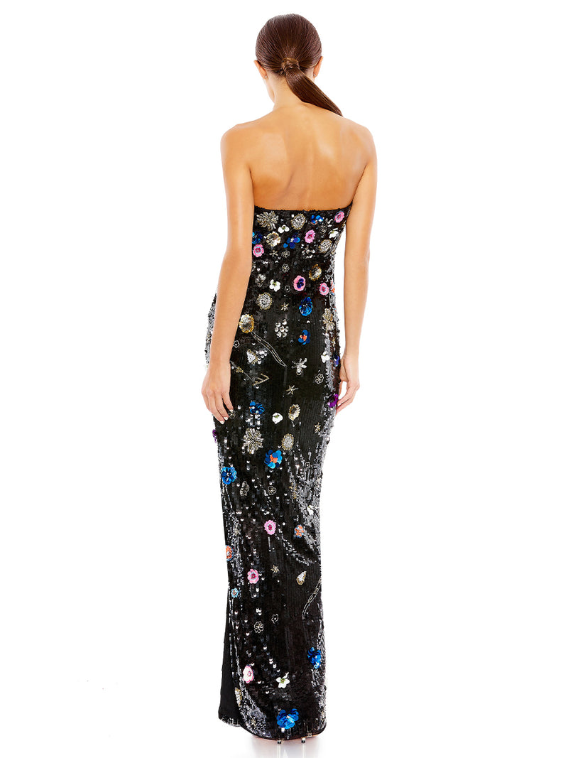 Black Floral Embellished Strapless Column Gown